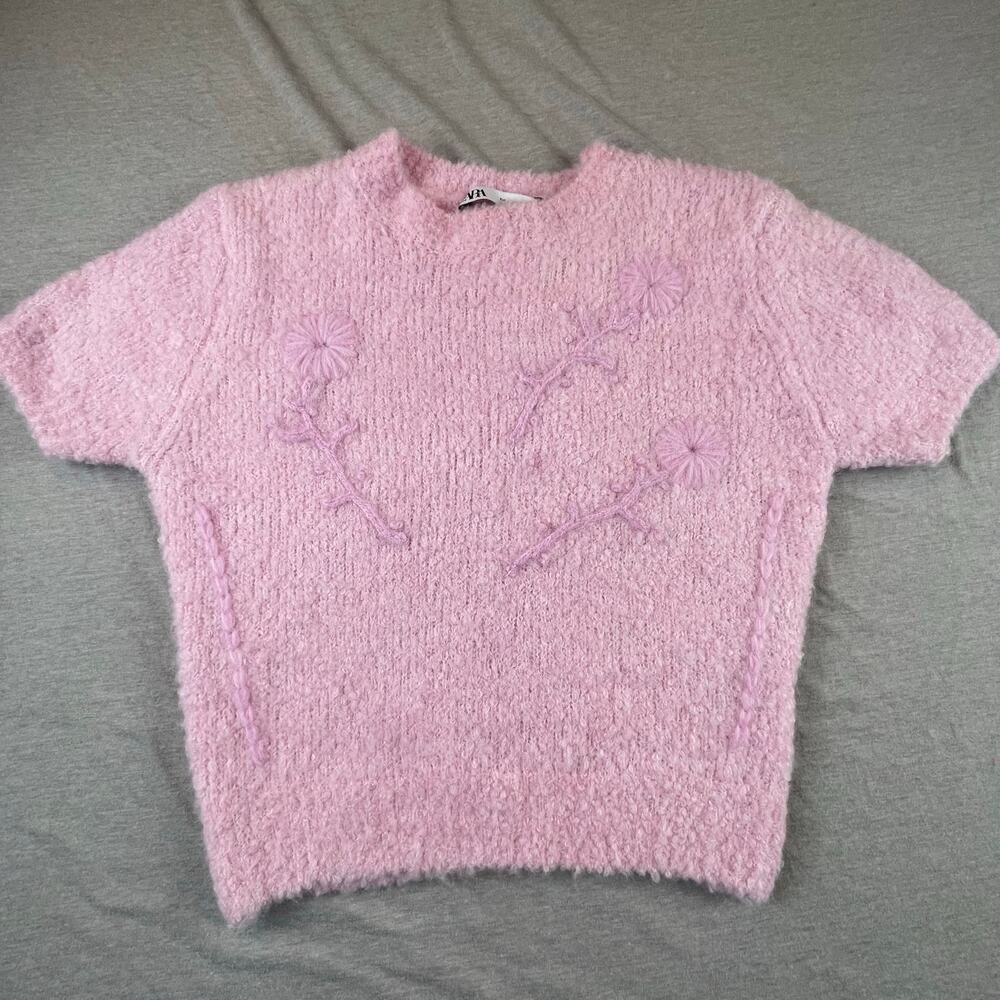 New Zara Alpaca Wool Blend Crop Pink Embroidered Sweater S Small